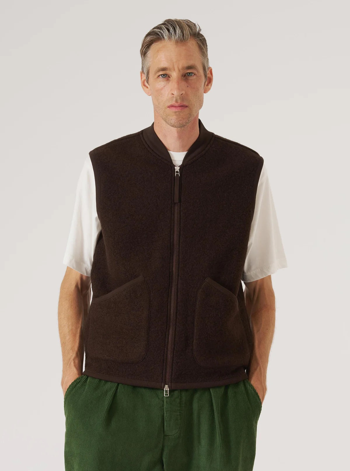 Universal Works Brown Wool Fleece Zip Waistcoat