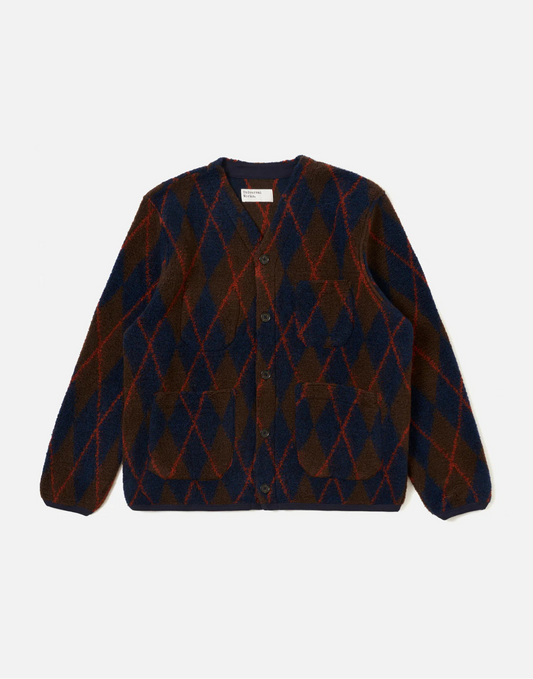 Universal Works Brown/Navy Argyll Fleece Cardigan