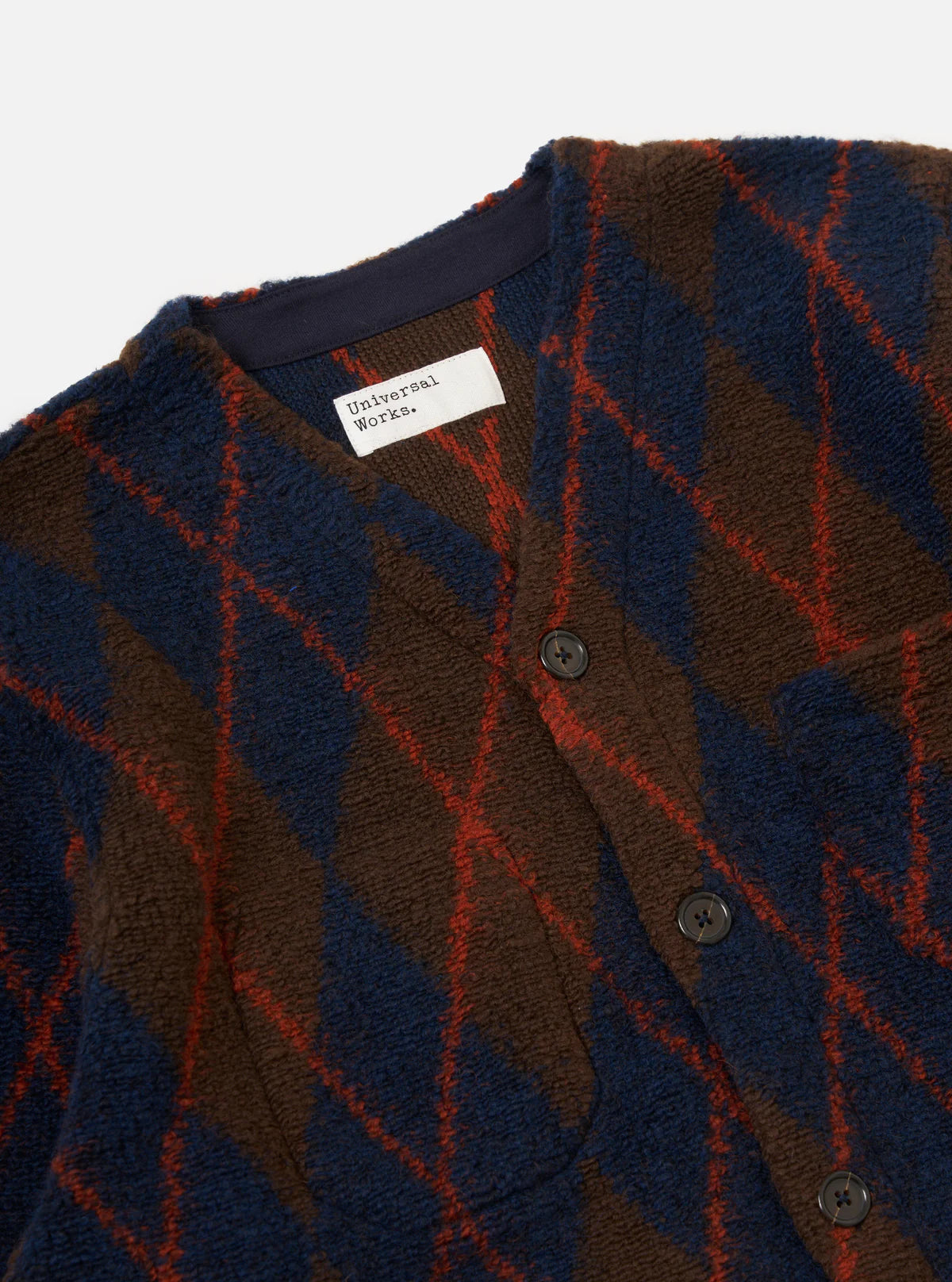 Universal Works Brown/Navy Argyll Fleece Cardigan