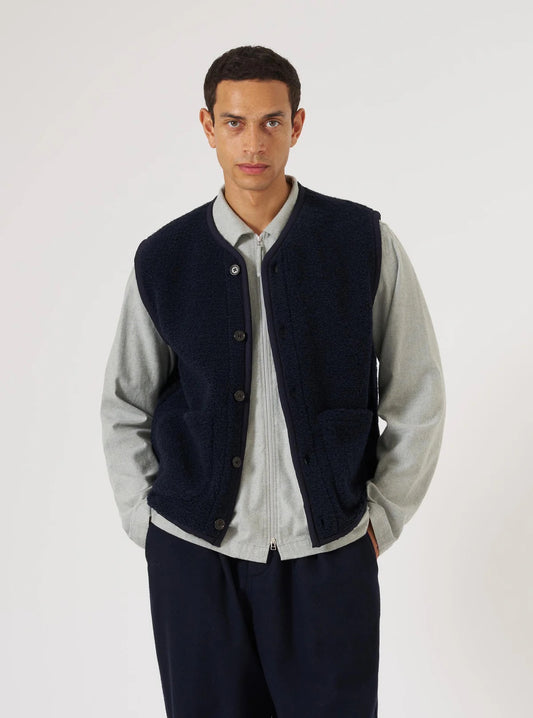 Universal Works Navy Alvar Fleece Lancaster Gilet