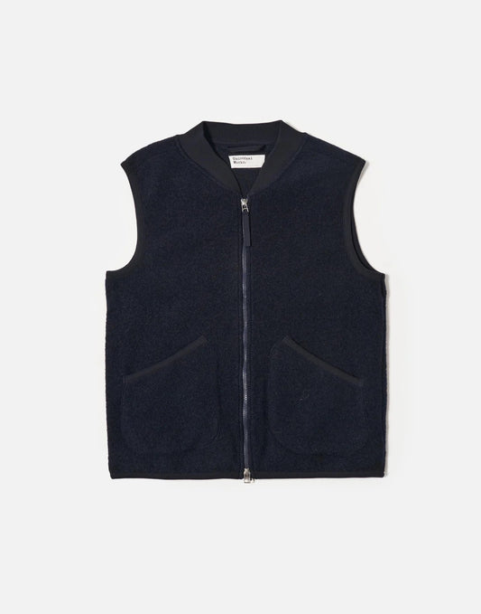 Universal Works Navy Wool Fleece Zip Waistcoat