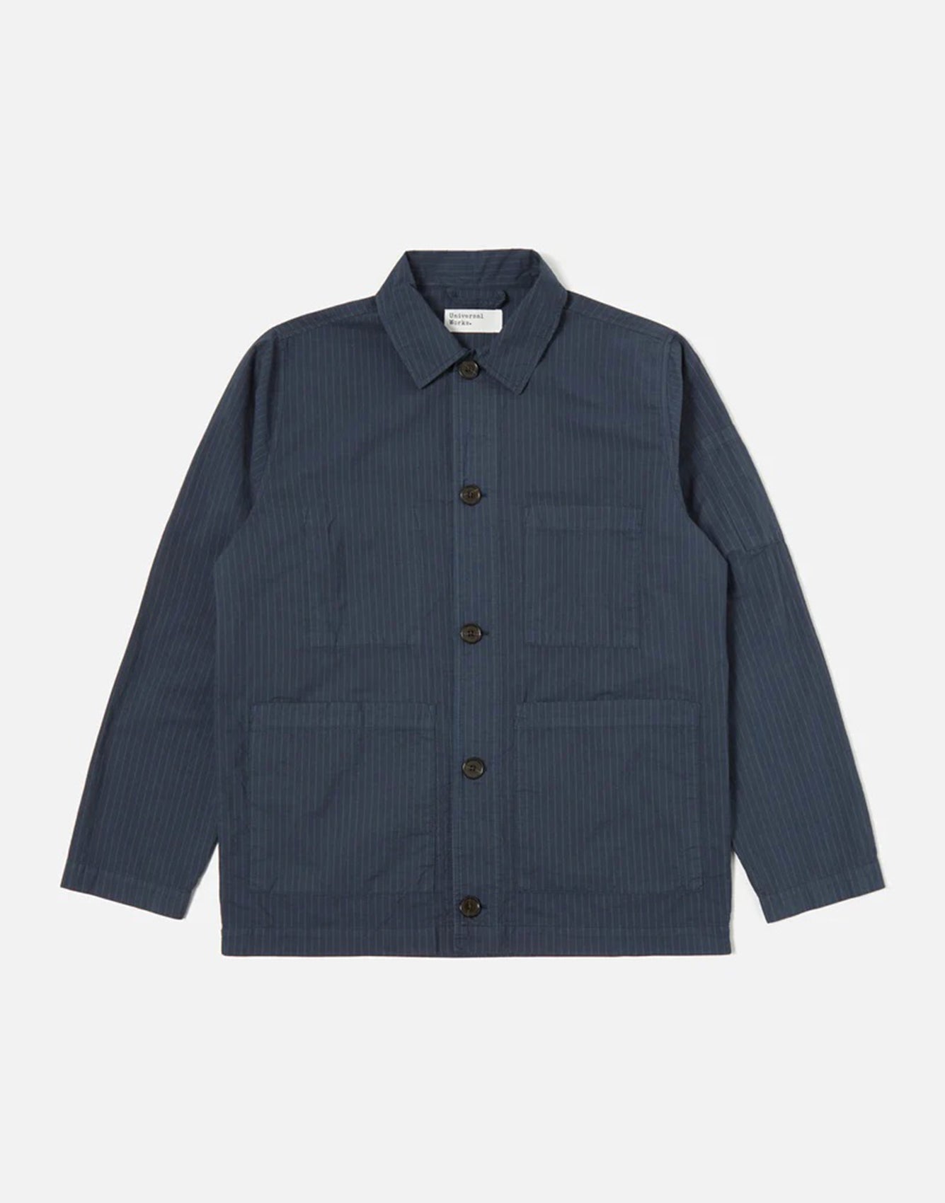 Universal Works Coverall Jacket In Navy Nearly Pinstripe