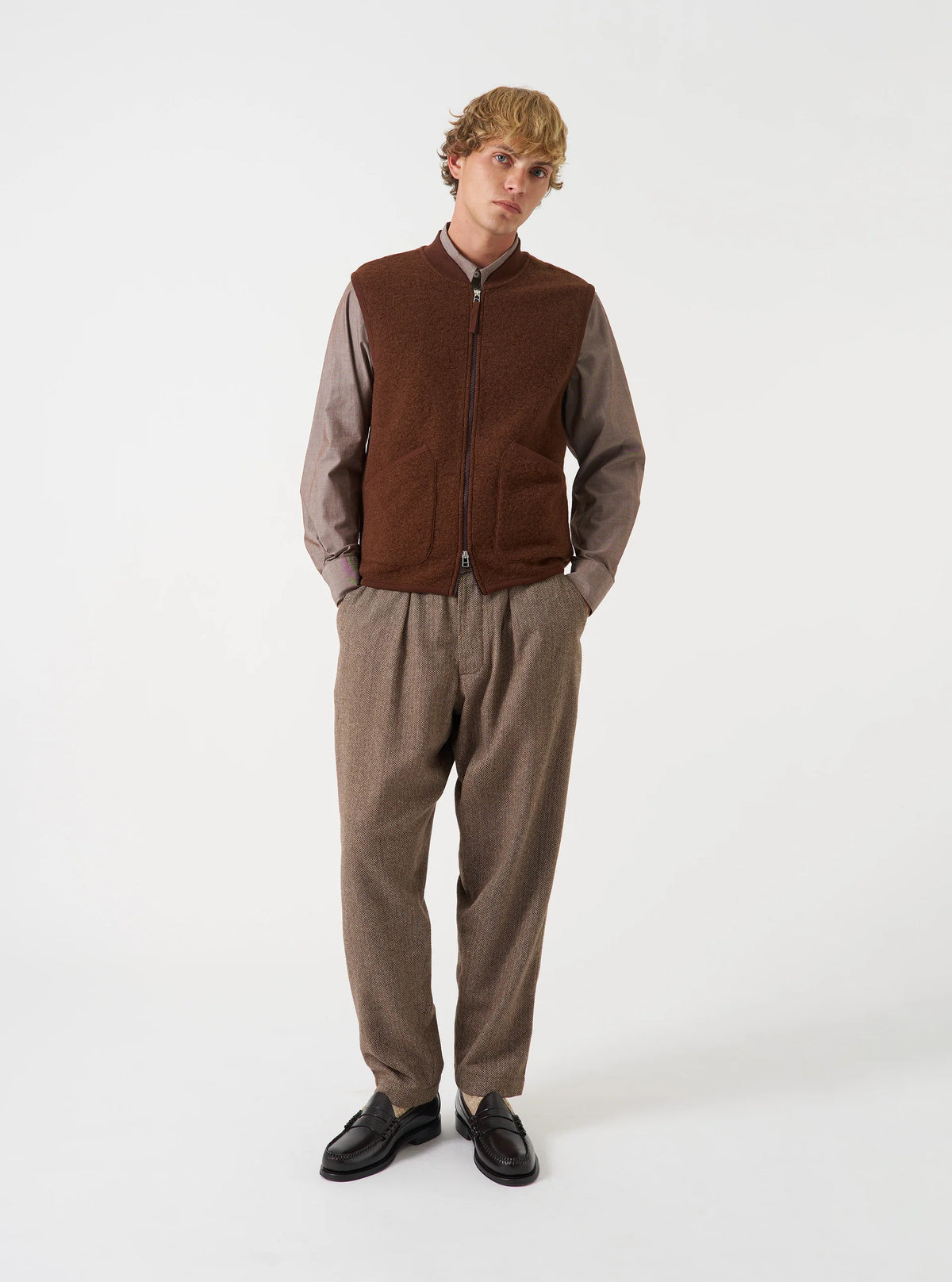 Universal Works Cacao Wool Fleece Zip Waistcoat