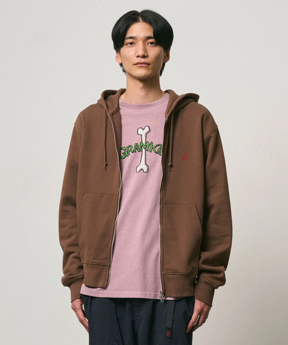 Gramicci One Point Zip Hooded Sweatshirt Brown