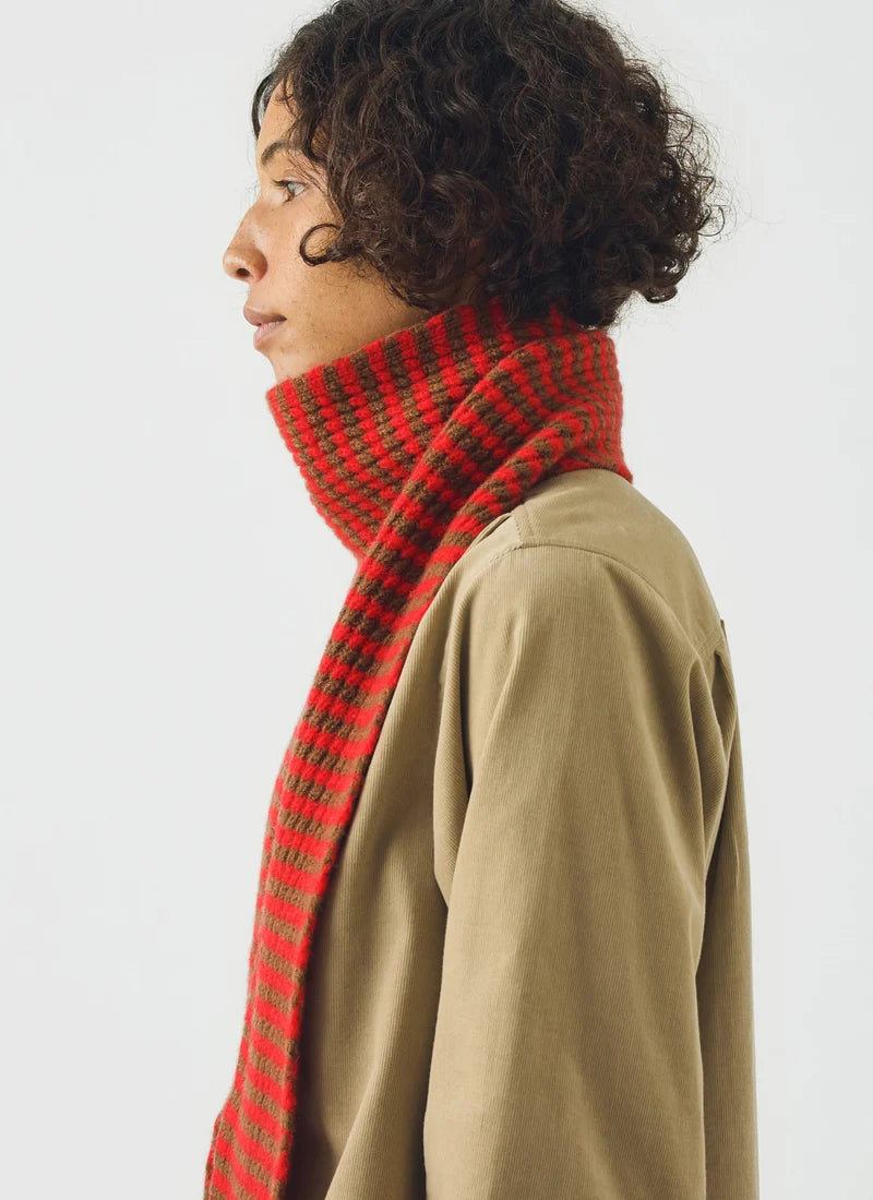 Toast Micro Cable Striped Wool Scarf Red/Pecan
