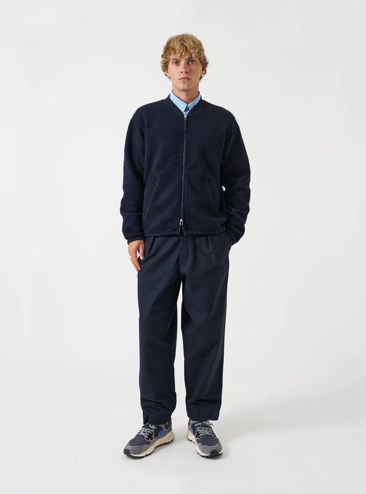 Universal Works Navy Wool Fleece Zip Bomber Jacket