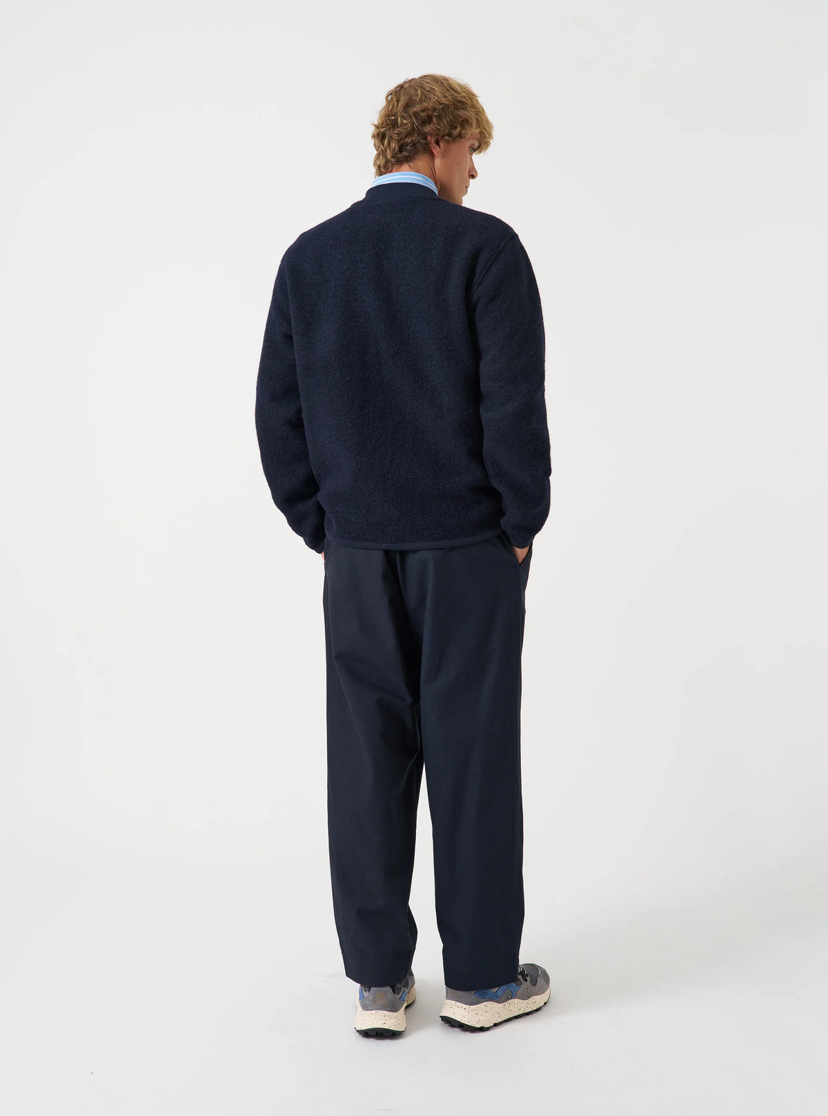 Universal Works Navy Wool Fleece Zip Bomber Jacket