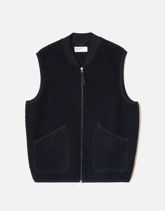 Universal Works Navy Wool Fleece Zip Waistcoat