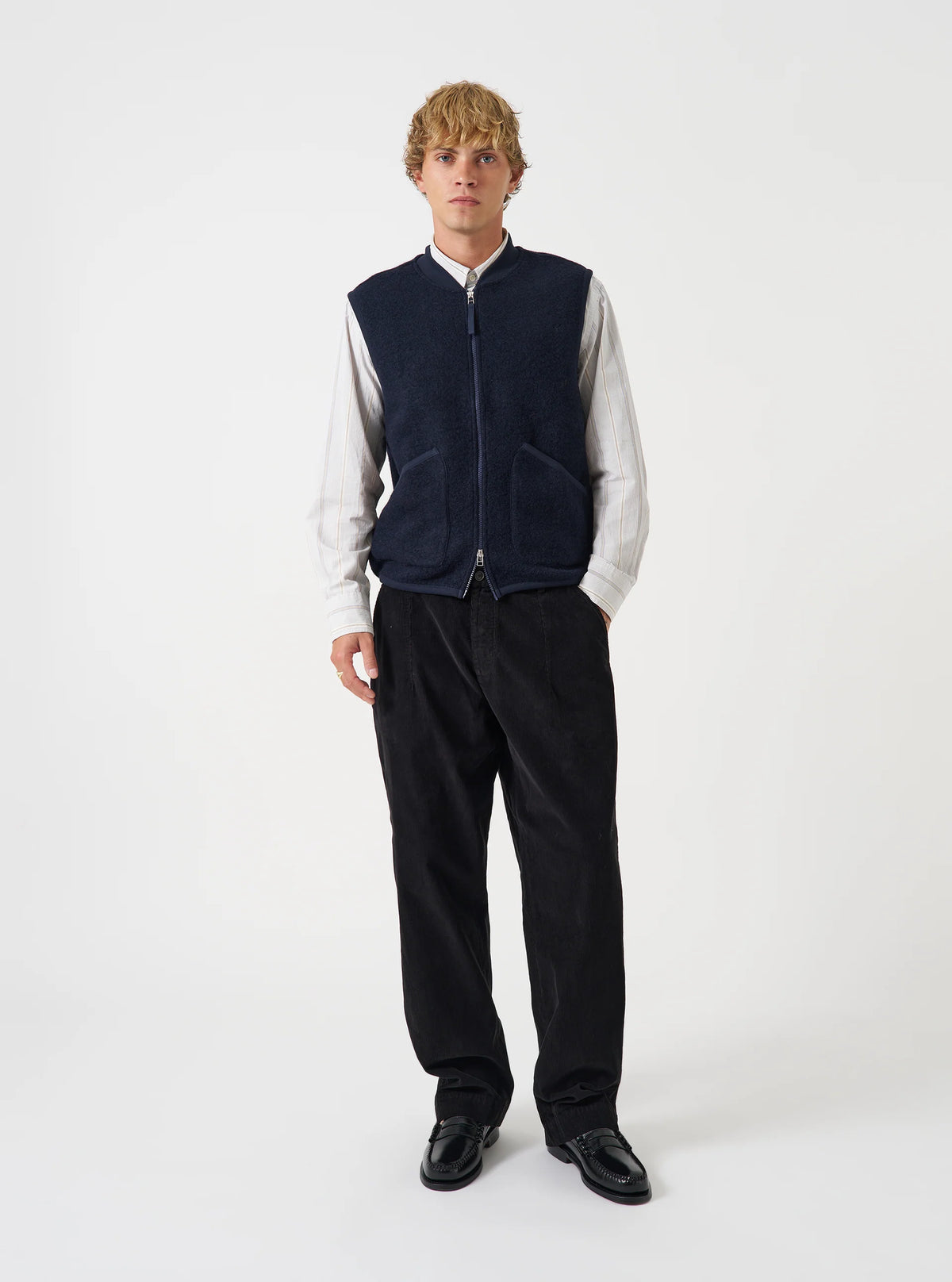 Universal Works Navy Wool Fleece Zip Waistcoat