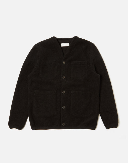 Universal Works Cardigan In Black Wool Fleece
