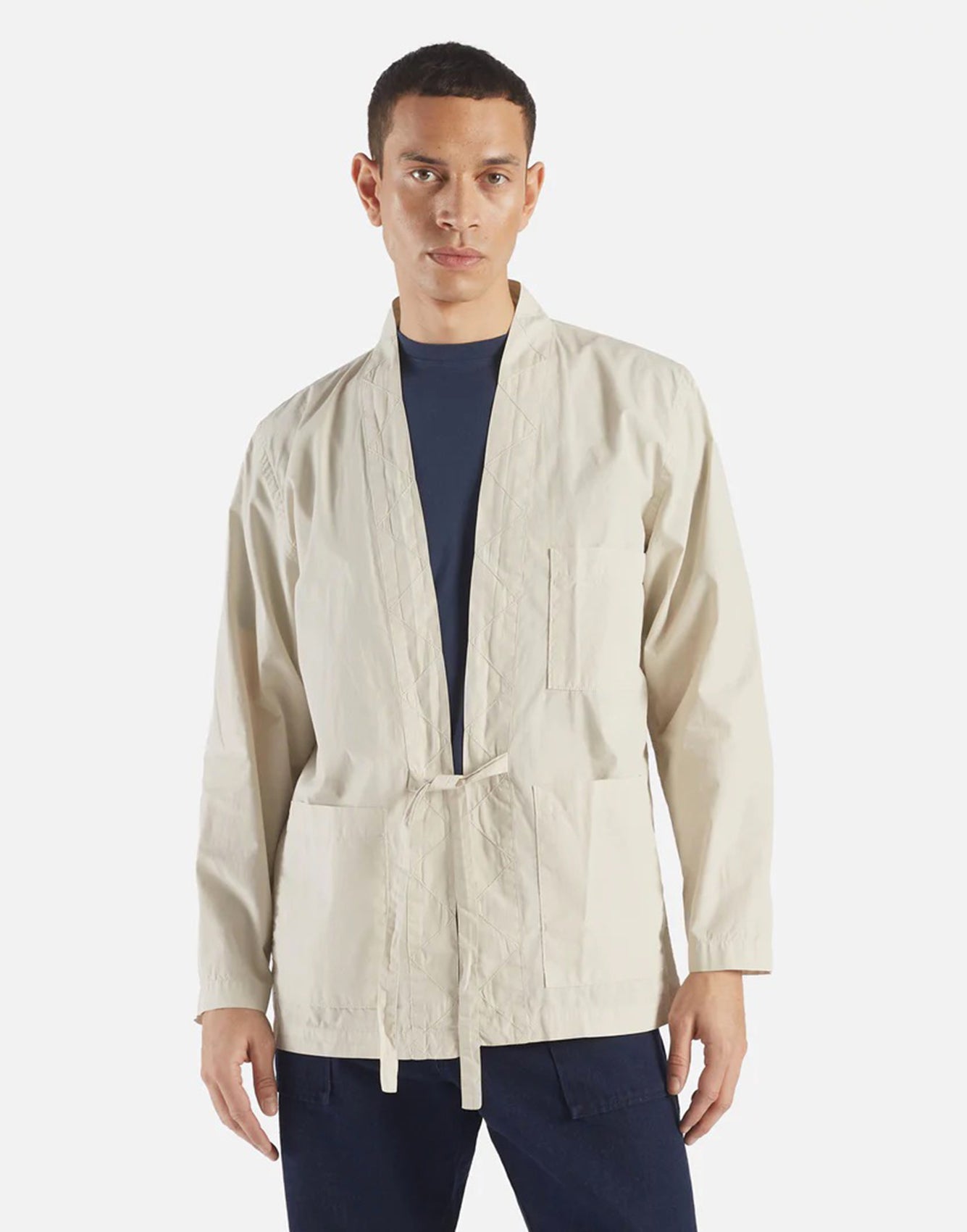 Universal Works Tie Front Jacket In Driftwood Organic Fine Poplin